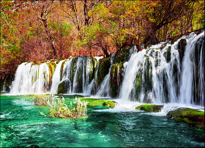 159432785 waterfall and azure lake with crystal clear water among fall woods in Jiuzhaigou, available in multiple sizes
