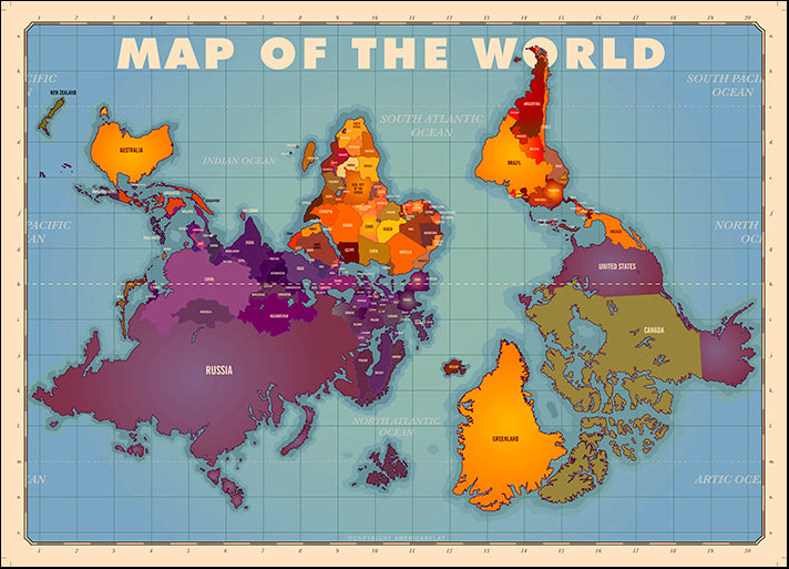 AMEFLA121794 Upside Down Map of the World, by American Flat, available in multiple sizes