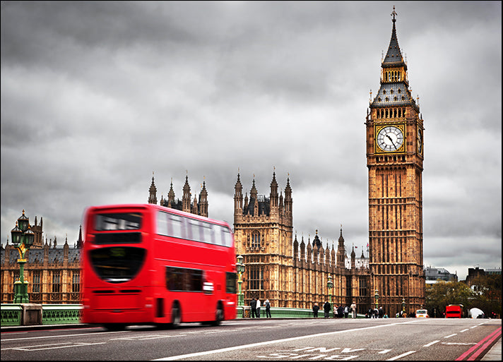 a62125285s London double decker bus on bridge, houses of parliament, Westminster, available in multiple sizes