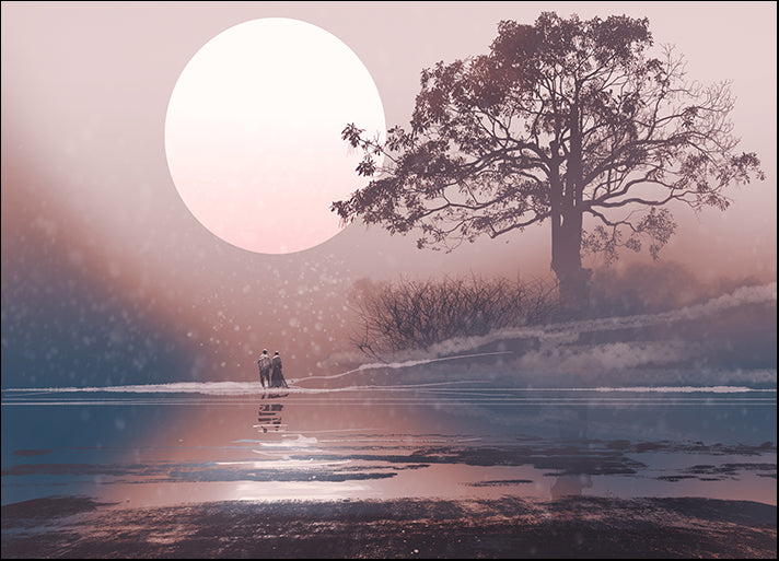 c18372245s love couple in winter landscape with huge moon above,illustration painting, available in multiple sizes
