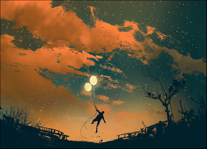 c34049255s man flying with balloon lights at sunset,illustration painting, available in multiple sizes
