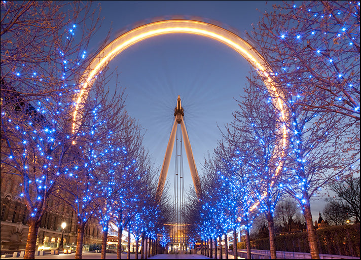 f0021220s London Eye at twilight and blue lighting decoration on trees, available in multiple sizes - Chamton