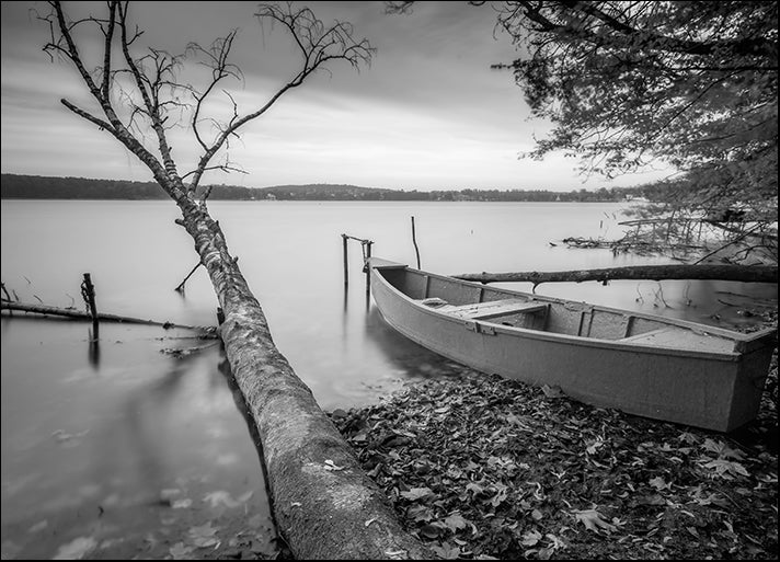 105611612 Black and white lake shore with moored boats, available in multiple sizes
