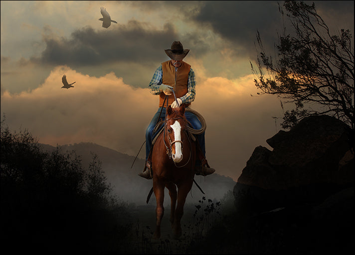 113419883 cowboy riding his horse on top of a mountain, available in multiple sizes