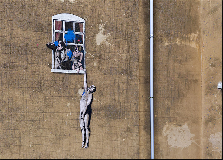 114010049 Wall Hanger a naked man hanging on to a window by Banksy, available in multiple sizes