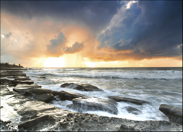 123025652 Stormy sunrise on the rocks at Queensland's Sunshine Coast, Caloundra, available in multiple sizes