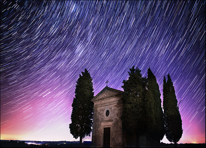 139188536 Beautiful Tuscany night landscape with star trails on the sky cypresses and a chapel, available in multiple sizes