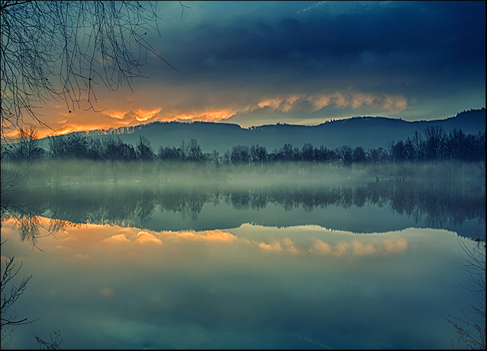 153309728 Reflection of trees from the water Foggy sunrise, available in multiple sizes