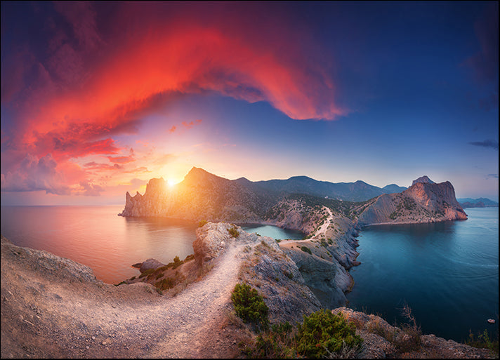 154076702 mountains sea blue sky sun and beautiful colorful red clouds ...