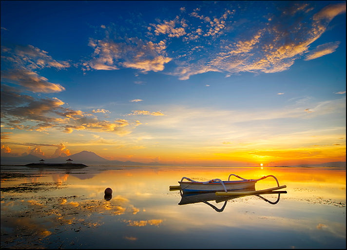 156277856 golden sun at horizon and traditional fisherman boat, available in multiple sizes