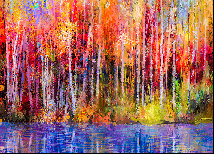 159029801 Oil painting colorful autumn trees of forest aspen trees with yellow red leaf and lake, available in multiple sizes
