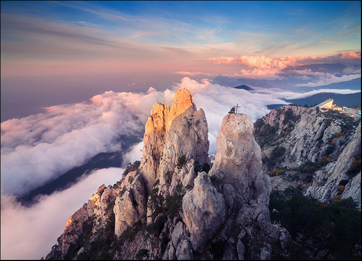 159107213 Mountain landscape at sunset mountain peak on the high rocks blue sky clouds, available in multiple sizes