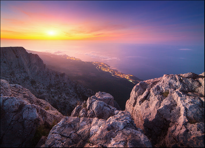 159107456 view from the mountain peak on rocks city lights at sunset, available in multiple sizes