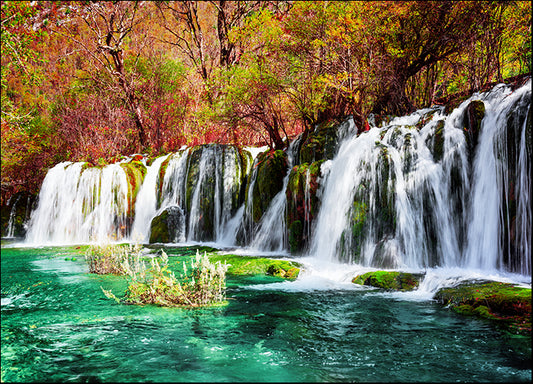 159432785 waterfall and azure lake with crystal clear water among fall woods in Jiuzhaigou, available in multiple sizes