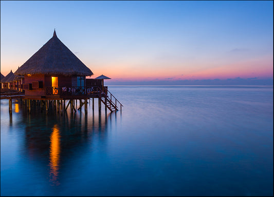160104545 Overwater bungalows, Maldives at night Scenic sunset over the Ocean, available in multiple sizes