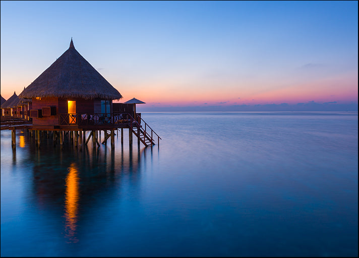160104545 Overwater bungalows, Maldives at night Scenic sunset over the Ocean, available in multiple sizes