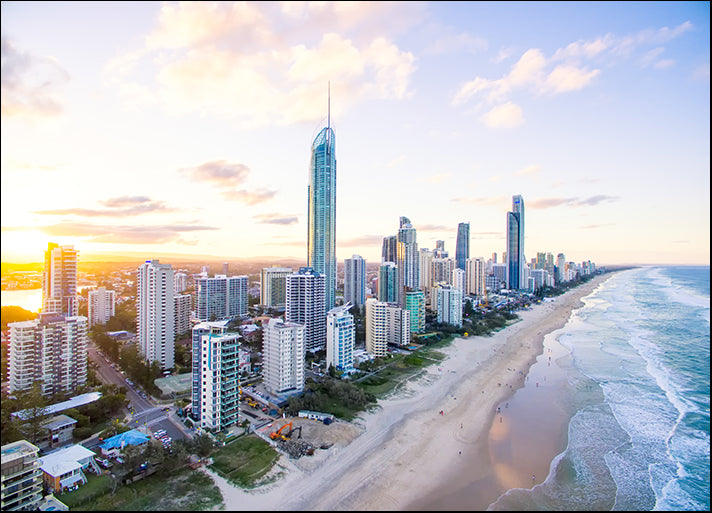 190992595 Surfers Paradise skyline at sunset from an aerial view, available in multiple sizes