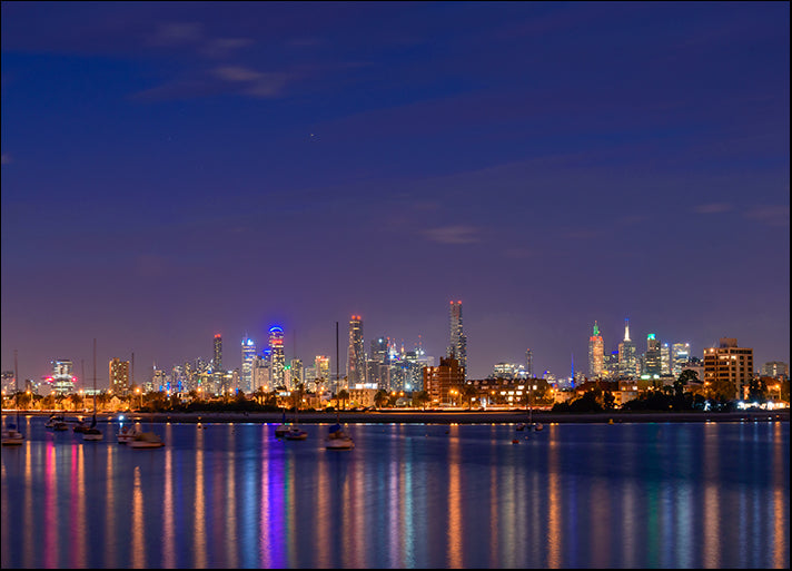 191959612 Melbourne city illuminated skyscrapers at night viewed from St Kilda beach , available in multiple sizes