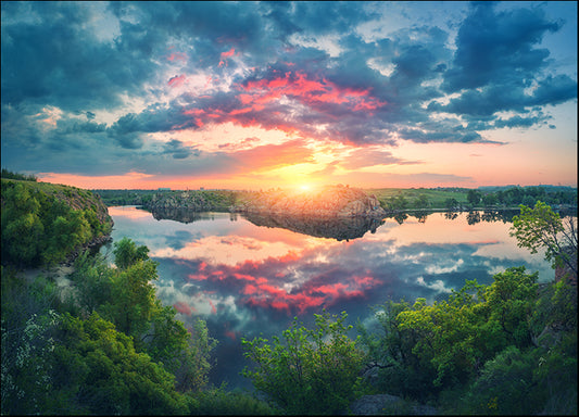 193848454 amazing blue sky with colorful clouds reflected in water at sunset, available in multiple sizes