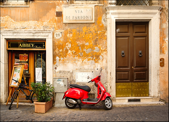 208299808 ROME ITALY red scooter on an old narrow cobblestoned street, available in multiple sizes