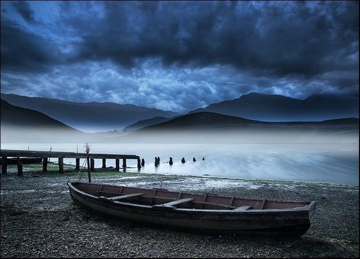 59878973 Stormy sky landscape over misty mountain lake with old boat on lake shore, available in multiple sizes