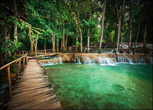 73374424 Jungle landscape, wooden bridge and turquoise water of Kuang Si cascade waterfall , available in multiple sizes - Chamton