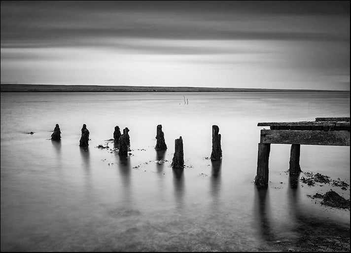 73654255 old jetty extending into lake black and white, available in multiple sizes