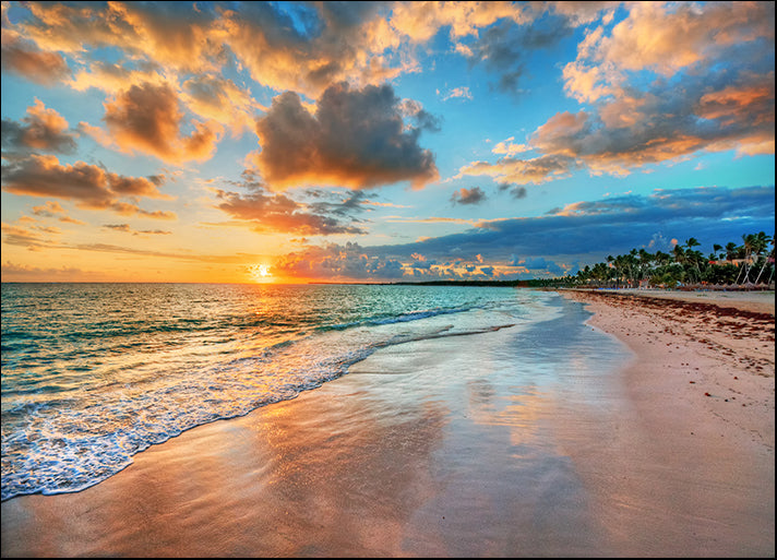 87306701 Bright and dynamic sea beach sunrise with bright blue skies and colorful clouds, available in multiple sizes