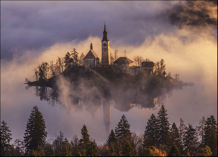 99945053 Mystical Sunrise over Lake in the Mountains with a misty island church, available in multiple sizes