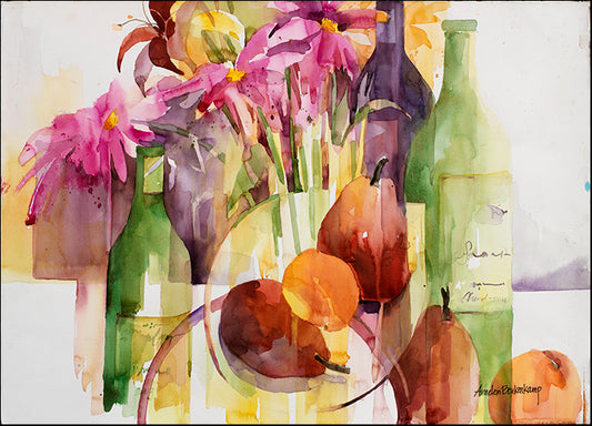 ANNBEU69547 Cosmos, Bottles and Pears, by Annelein Beukenkamp, available in multiple sizes - Chamton