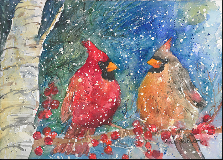 ANNBEU80872 Snow Cardinals, by Annelein Beukenkamp, available in multiple sizes