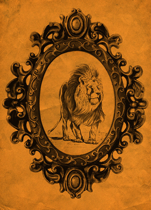 89777 Framed Lion in Tangerine, by THE studio, available in multiple sizes