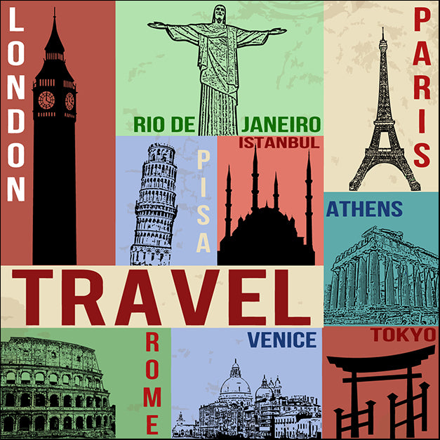 a70349149s Vintage travel poster with symbols and famous building, available in multiple sizes