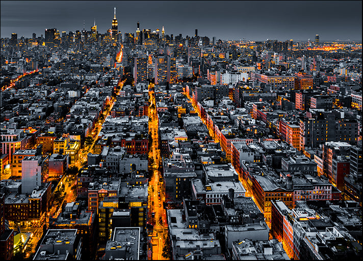 b10557932s Aerial view of New York City at night with illuminated avenues, available in multiple sizes
