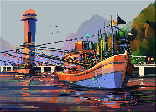 b22274255s Old fishing boat in the harbor, available in multiple sizes