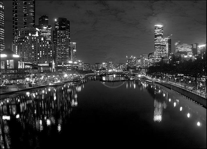 b88793124s black and white melbourne city reflected in the yarra river at night, available in multiple sizes