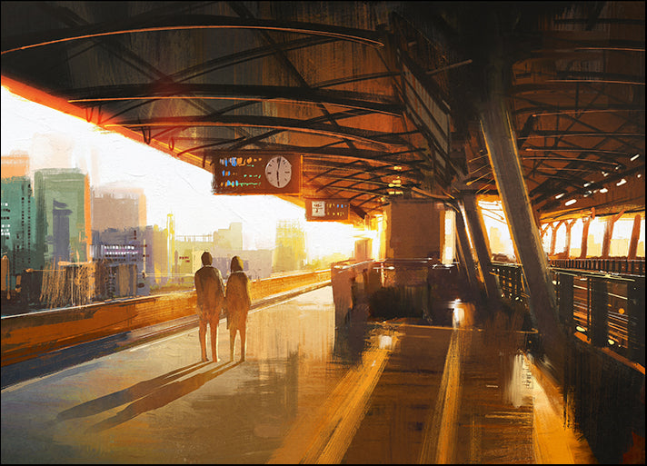 b92275560s painting showing couple waiting a train on the station, available in multiple sizes