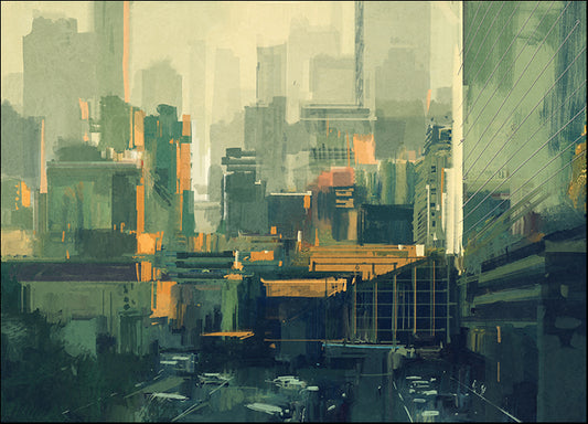 b93673023s cityscape painting of urban sky-scrapers at sunset, available in multiple sizes