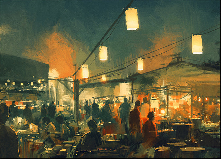 b93673065s crowd of people walking in the market at night,digital painting, available in multiple sizes