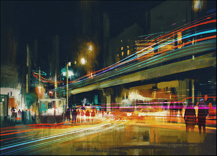 c02396717s digital painting of city street at night with colorful light trails, available in multiple sizes