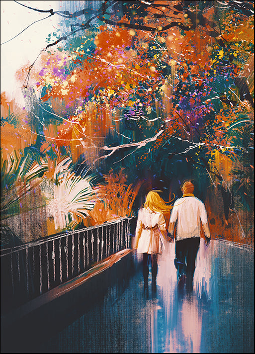 c04558205s lover couple walking holding hands in autumn park,illustration painting, available in multiple sizes