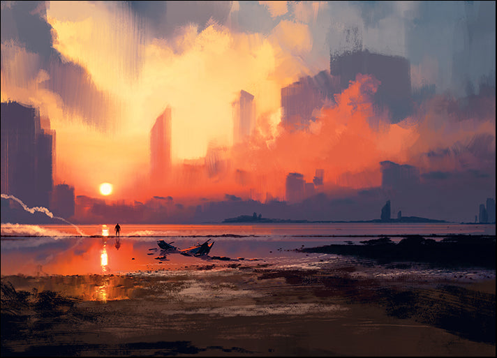 c11387903s man on sea beach looking at skyscrapers at sunset,illustration painting, available in multiple sizes