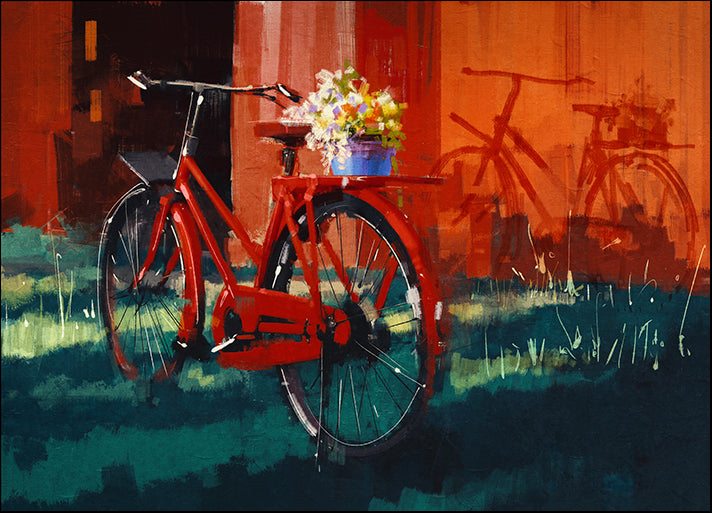 c11388110s painting of vintage bicycle with bucket full of flowers, available in multiple sizes