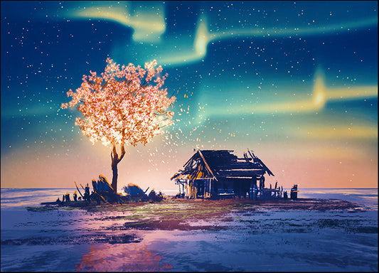 c16023557s abandoned house and tree lights under Northern Lights, available in multiple sizes