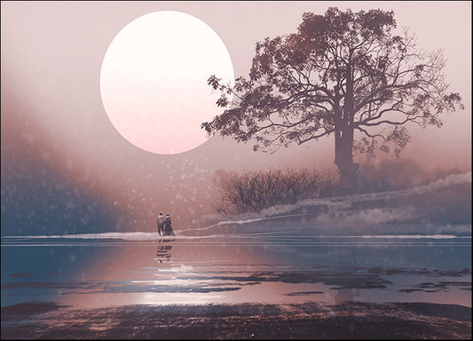 c18372245s love couple in winter landscape with huge moon above,illustration painting, available in multiple sizes