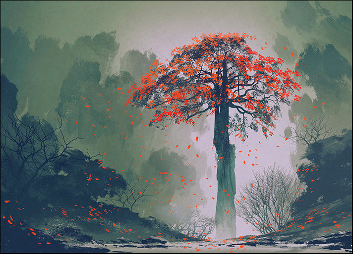 c18372521s lonely red autumn tree with falling leaves in winter forest,landscape painting, available in multiple sizes