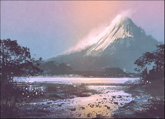 c34049252s winter landscape with mountain lake under evening sky, available in multiple sizes