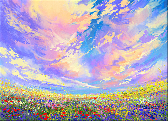 c34049264s colorful flowers in field under beautiful clouds,landscape painting, available in multiple sizes