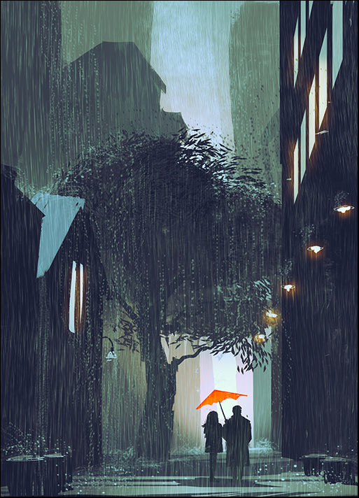 c39410090s couple with red umbrella walking in raining street at night, available in multiple sizes