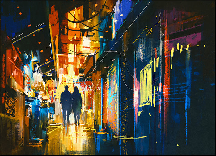 c39410636s couple walking in alley with colorful lights,digital painting, available in multiple sizes